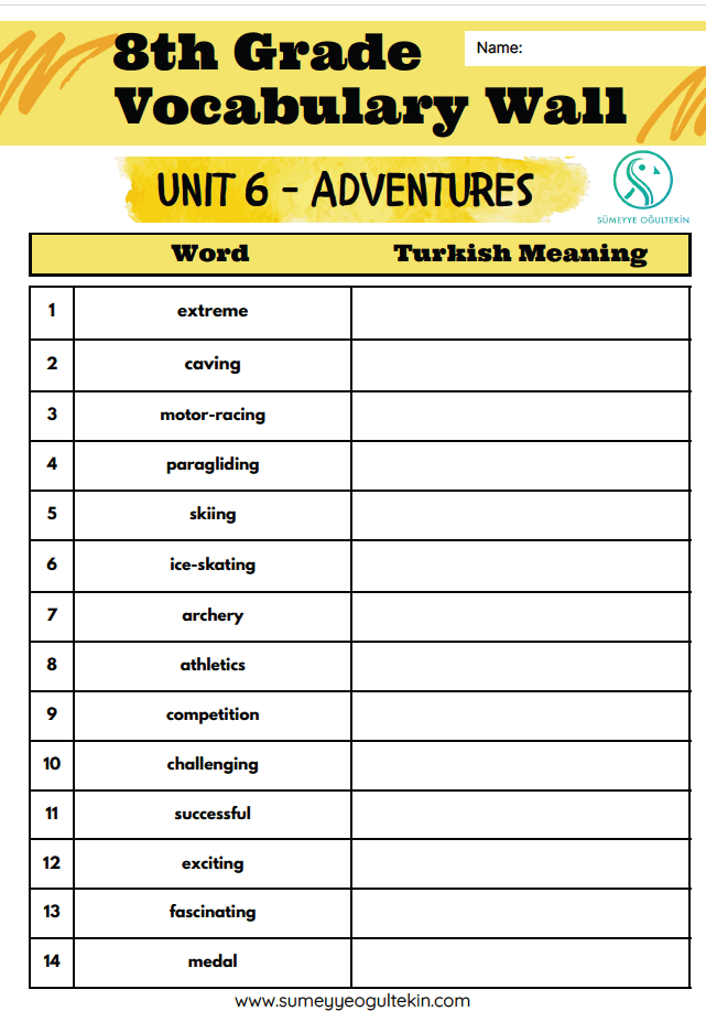 8th Grade - Unit 6 Adventures VOCABULARY WALL